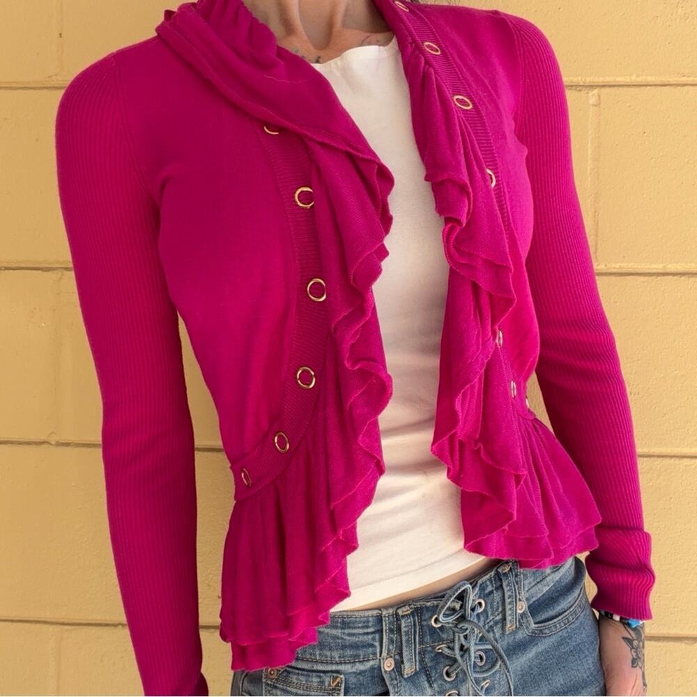 Y2K Cache Ruffled Cardigan With Grommet Detail XS